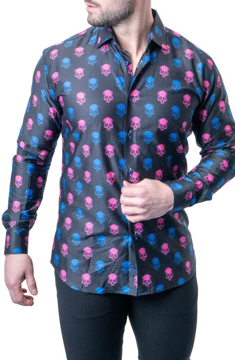 Fibonacci Skull Print Contemporary Fit Button-Up Shirt