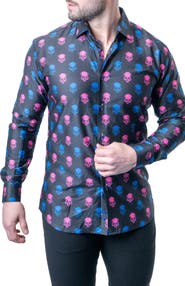 Maceoo Fibonacci Skull Print Contemporary Fit Button-Up Shirt