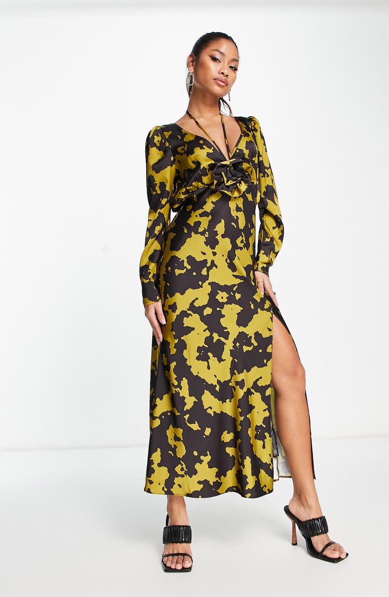 ASOS DESIGN Corsage Rosette Long Sleeve Satin Dress, Alternate, color,