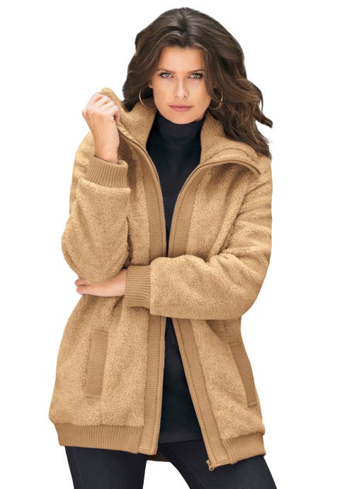 Plus Size High Collar Teddy Fleece Bomber (Plus)