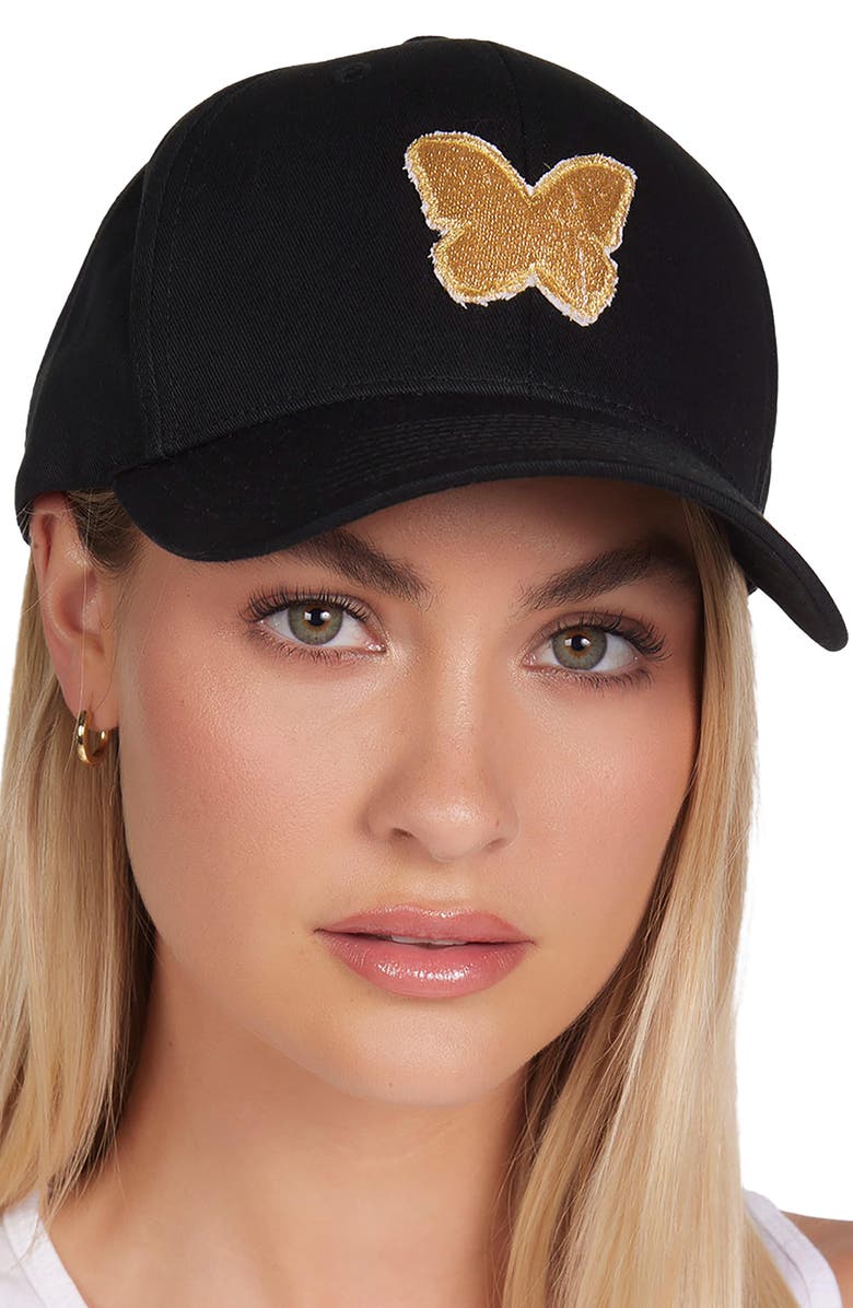 Lauren Moshi Bay  Gold Butterfly Patches Hat, Main, color, Black
