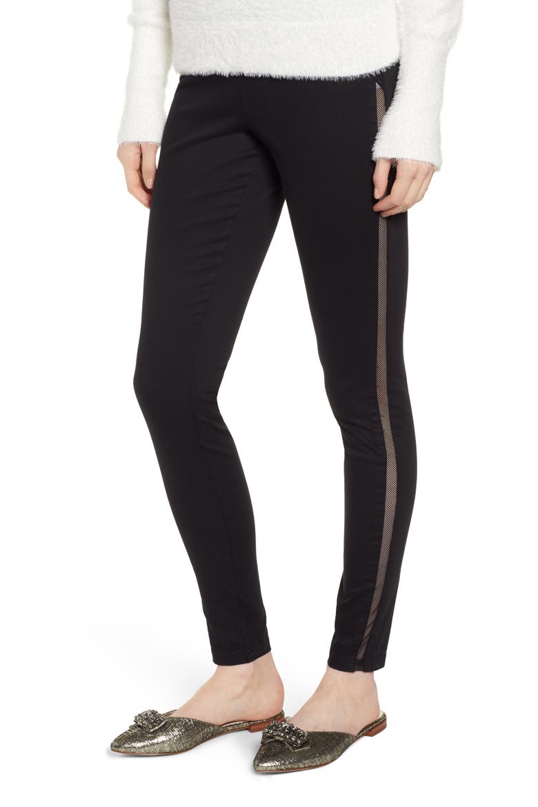 High Waist Mesh Tuxedo Stripe Denim Leggings, Main, color, BLACK