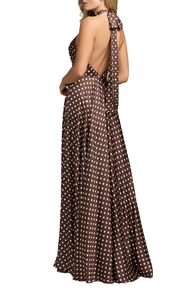 Polka Dot A-Line Halter Gown With Rosette, Alternate, color, Chocolate Multi