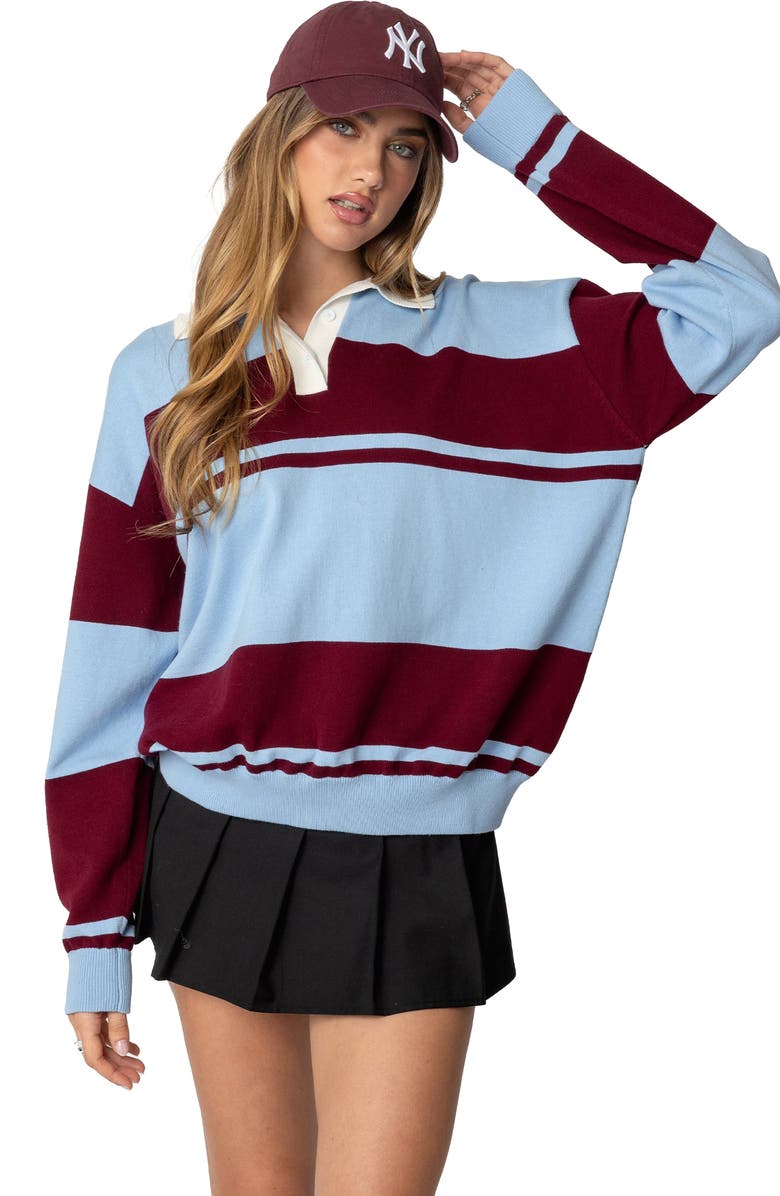 EDIKTED Kian Stripe Cotton Rugby Sweater, Alternate, color, Blue/ Burgundy Mix