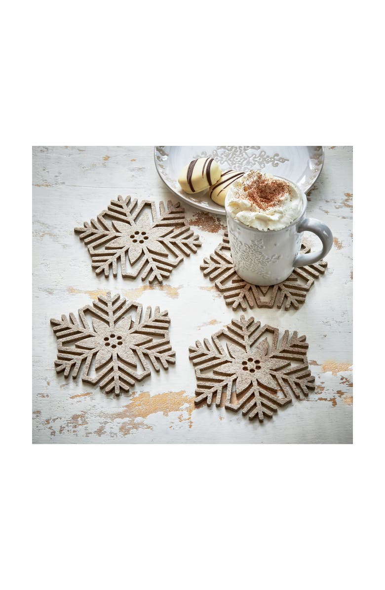 tag Set of 4 Beige Snowflake Coasters for Winter Drinks, Alternate, color, Beige