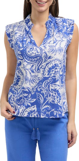 売れ筋商品|||エレントレイシー カットソー トップス レディース Women's Linen Blend Top With Ruffle Sleeve and Collar Azure batik floral Ellen Tracy Ruffle V-Neck Top | Nordstromrack