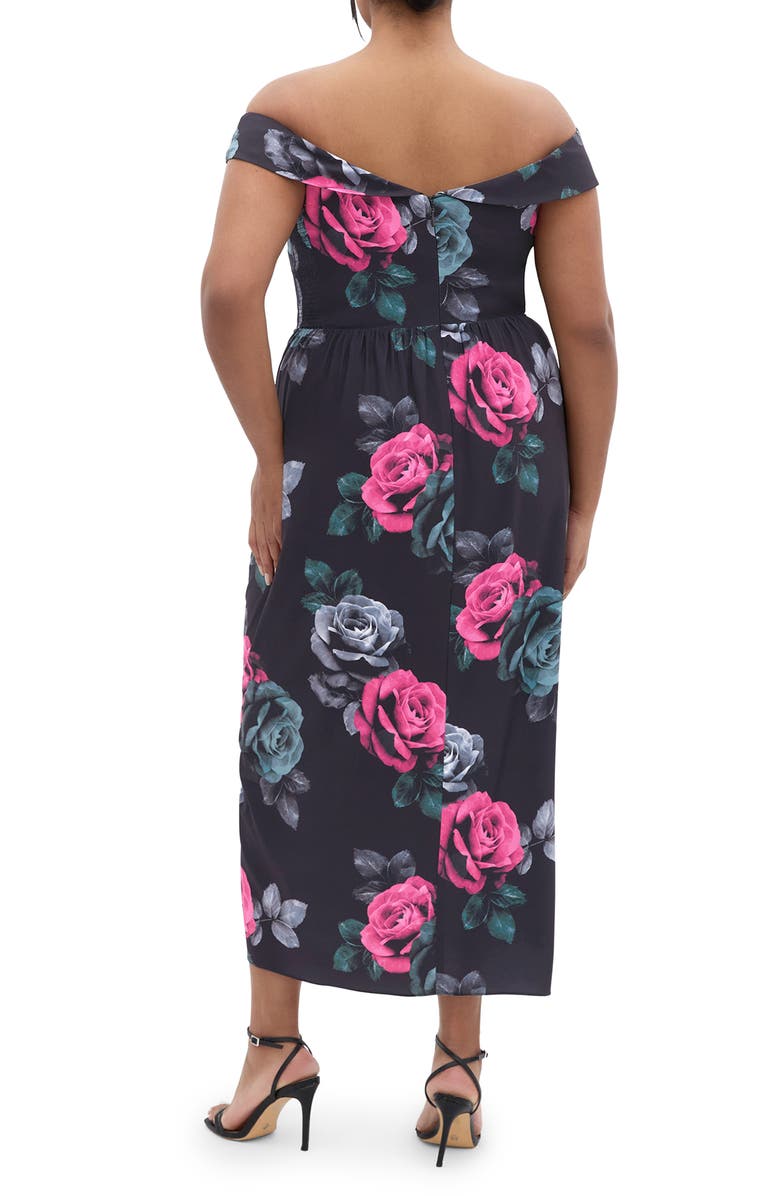 City Chic Clair Print Off the Shoulder Midi Dress, Alternate, color, Black Clementine