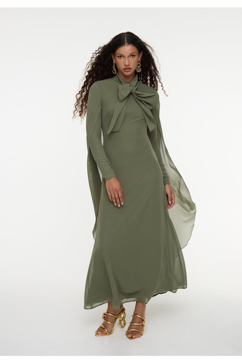 Modest Chiffon Dress Maxi With Cape Style and Bow, Alternate, color, OLIVE