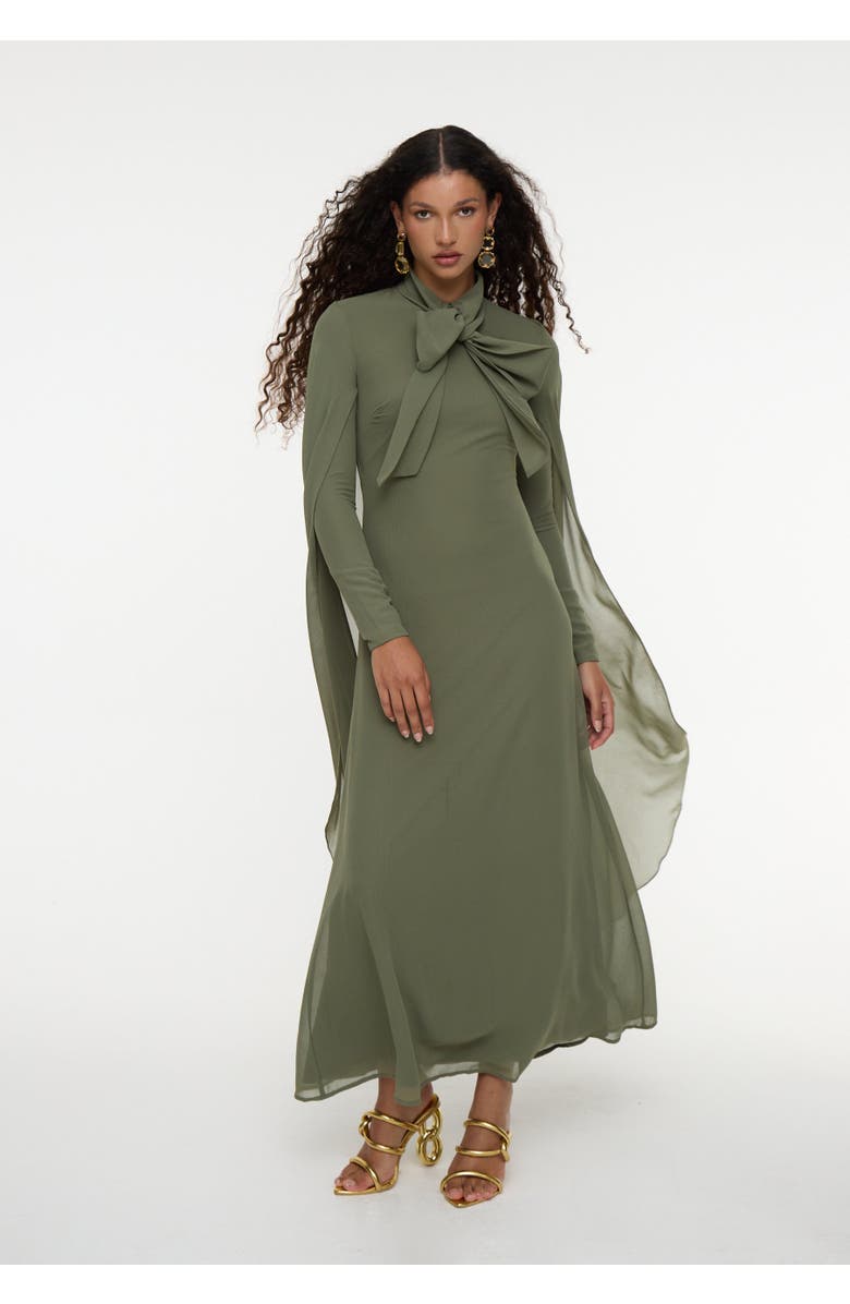 MARYISA Modest Chiffon Dress Maxi With Cape Style and Bow, Alternate, color, Olive