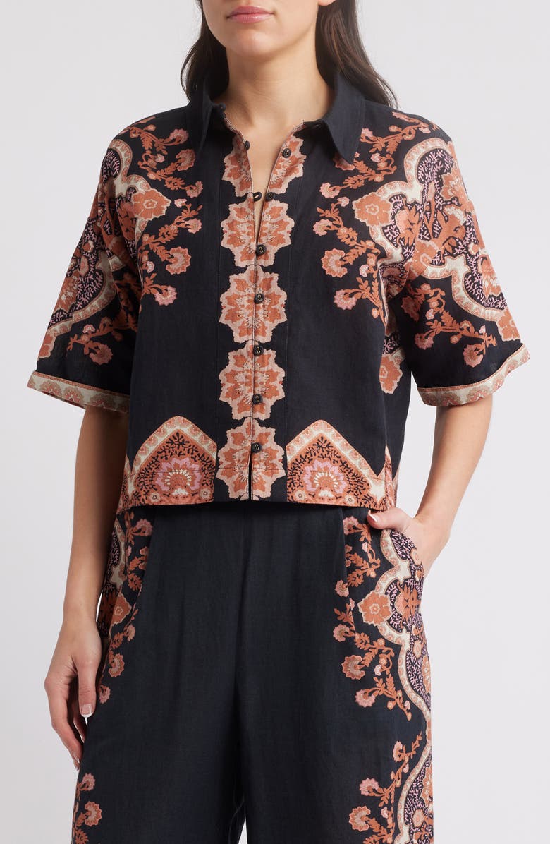 Cleobella Jeni Medallion Print Cotton & Linen Camp Shirt, Main, color,