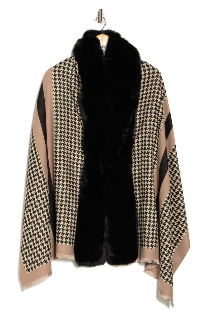 La Fiorentina Houndstooth Wrap with Faux Fur Trim, Alternate, color, Black