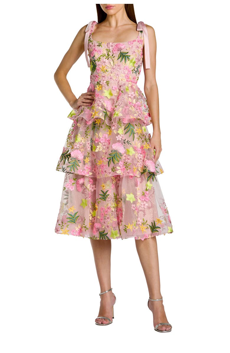 Mac Duggal Bow Strap Floral Embroidered Ruffle Midi Dress, Main, color, Blush Multi