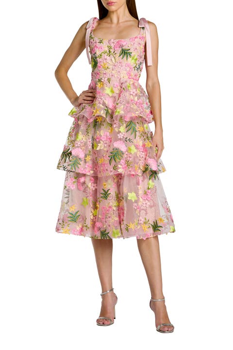 Bow Strap Floral Embroidered Ruffle Midi Dress