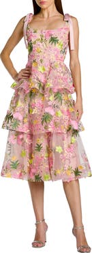 Mac Duggal Bow Strap Floral Embroidered Ruffle Midi Dress
