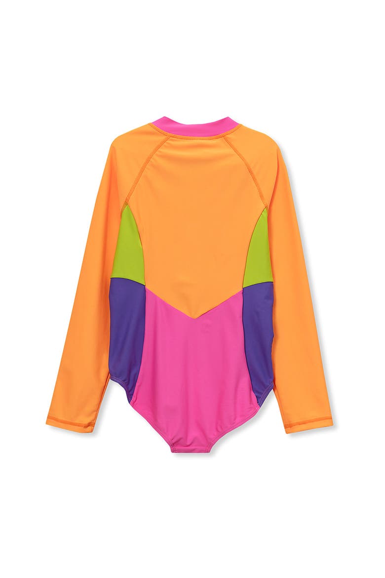 Girls Long Sleeve Half Zip One Piece UPF 50 Swimsuit, Alternate, color, Orange/Pink Colorblock