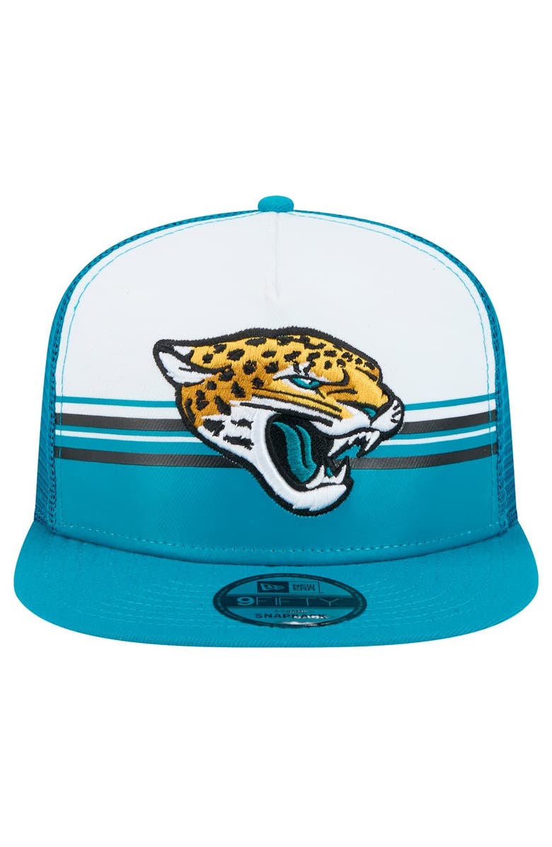 New Era Men's New Era White/Teal Jacksonville Jaguars Striped A-Frame 9FIFTY Trucker Snapback Hat, Alternate, color, 