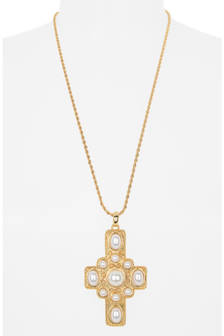 Faux Pearl Cross Pendant Necklace, Alternate, color, GOLD