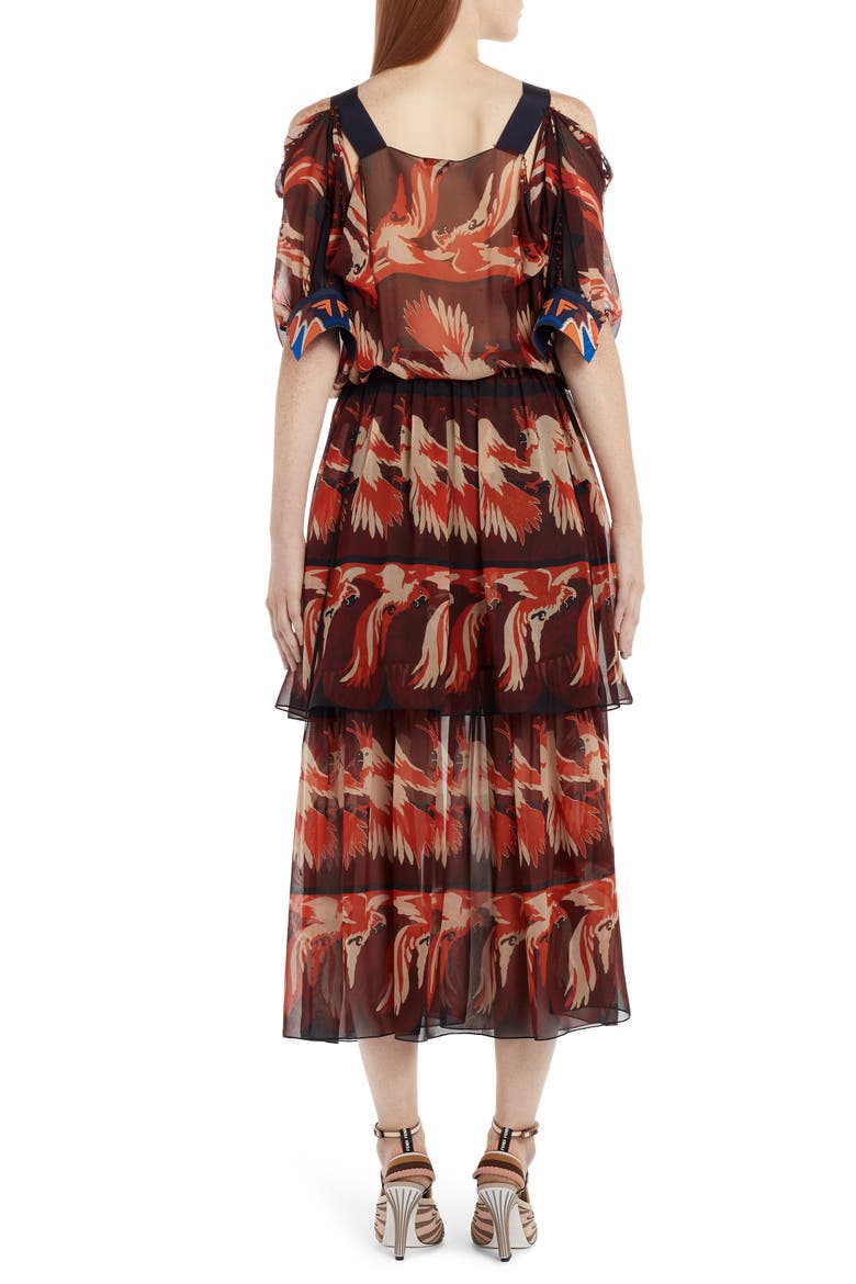 Parakeet Print Cold Shoulder Silk Dress, Alternate, color, ACAI