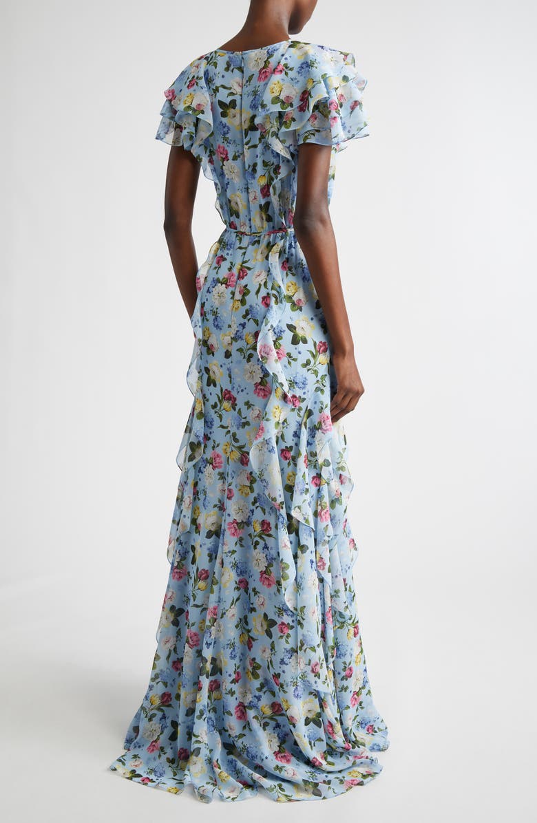 Carolina Herrera Floral Ruffle Silk Chiffon Gown, Alternate, color, Cloudy Blue Multi
