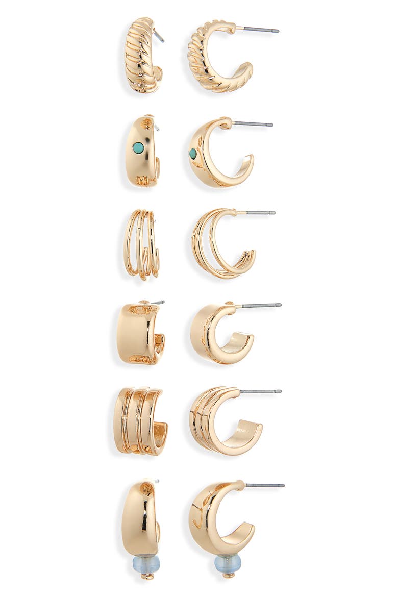 Set of 6 Huggie Hoop Earrings, Main, color, BLUE- GREEN- GOLD