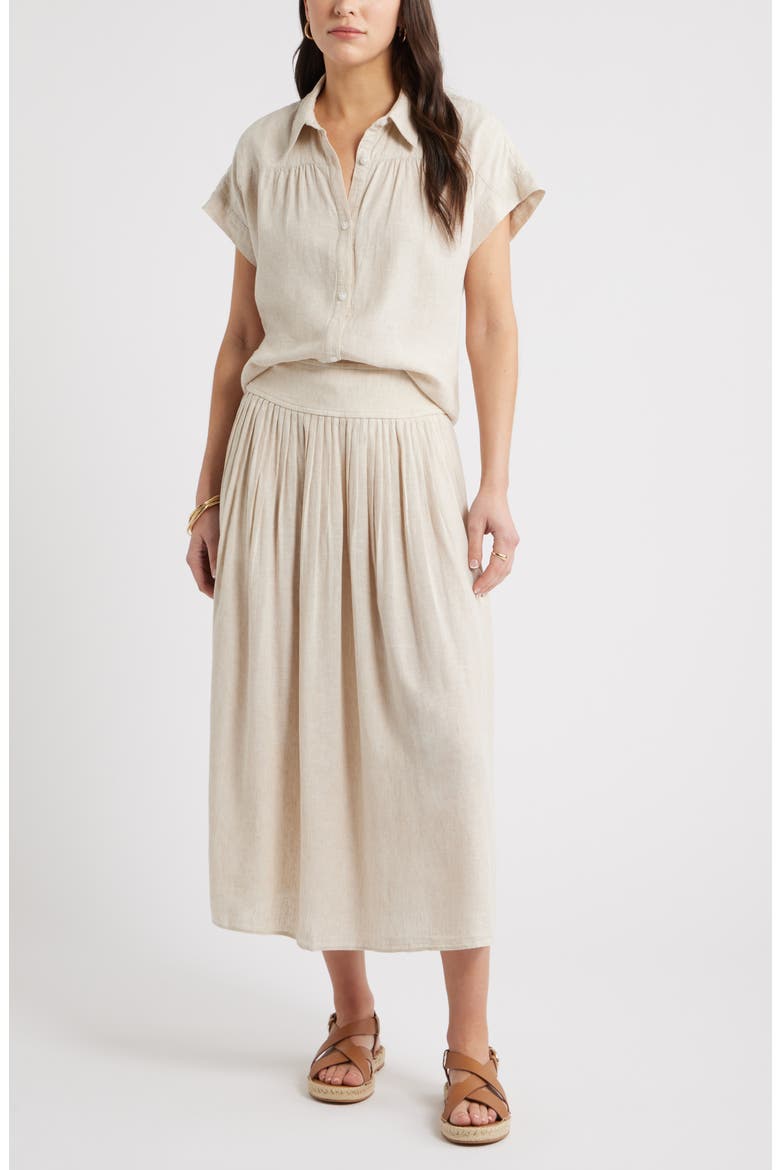 Pull-On Linen Blend Midi Skirt, Alternate, color, FLAX