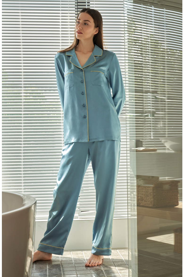 Women's Gold Piping Silk Pajamas Set, Alternate, color, Blue Haze