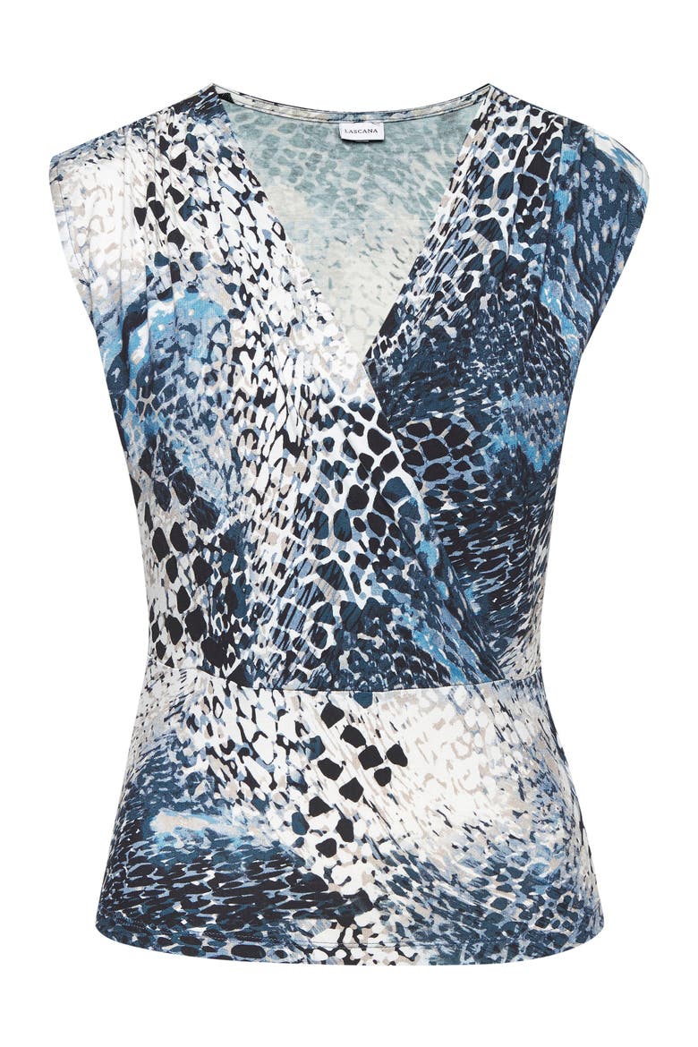 Wrap Look Top, Alternate, color, Blue-Printed