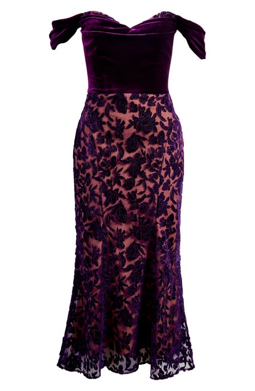 Marchesa Notte Floral Burnout Velvet Cocktail Dress in Dark Purple 