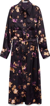 MANGO Floral Print Tie Waist Long Sleeve Midi Shirtdress