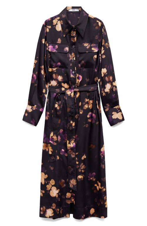 Mango Floral Print Tie Waist Long Sleeve Midi Shirtdress In Purple