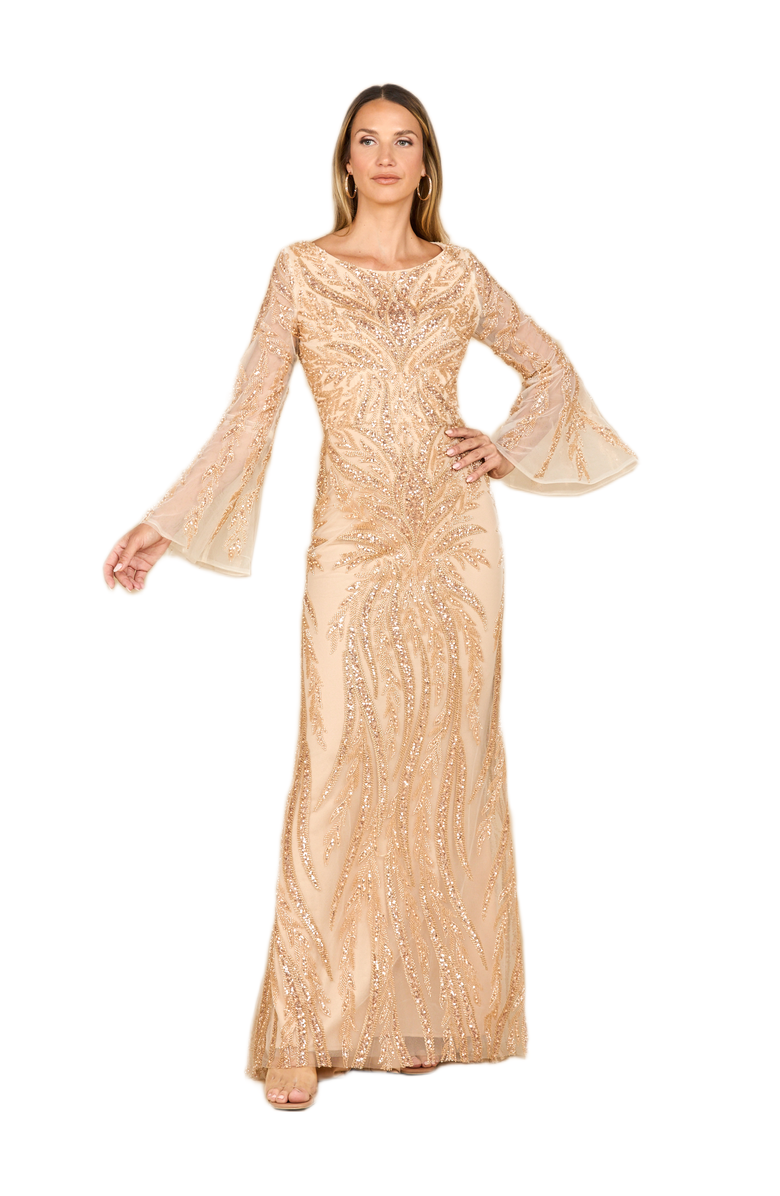 LARA New York High Neck Beaded Dress with Bell Sleeves, Main, color, Champagne