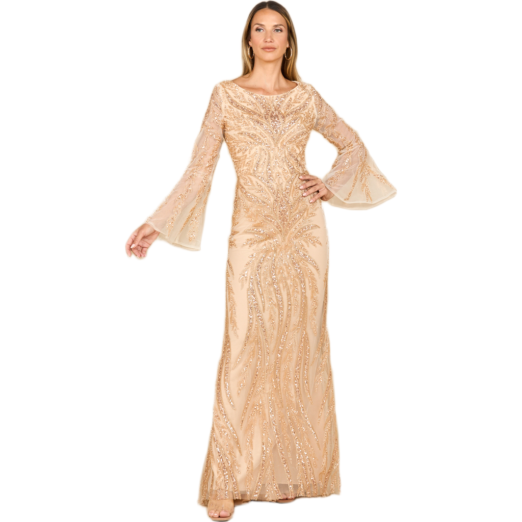 Lara New York High Neck Beaded Dress With Bell Sleeves In Gold