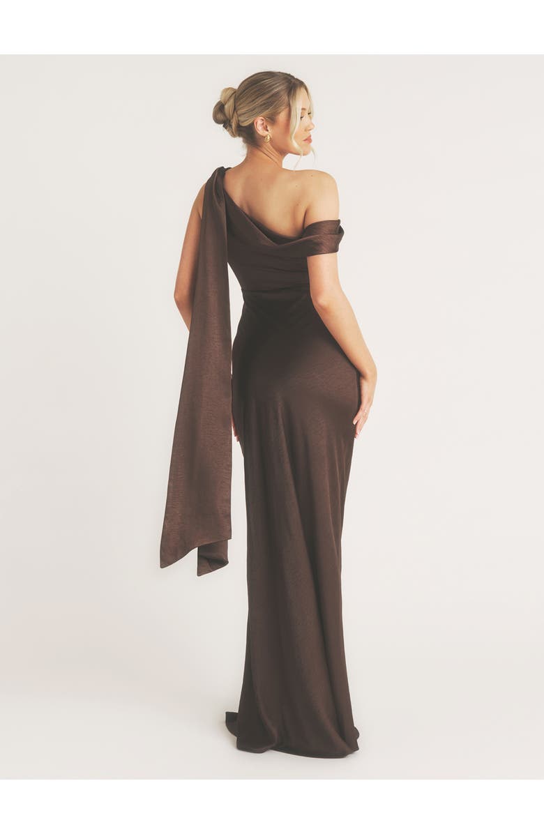 Six Stories One Shoulder Drape Bridesmaid Dress, Alternate, color, Chocolate