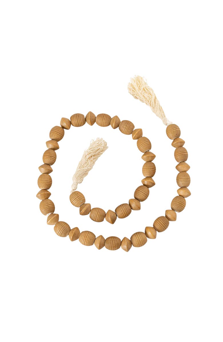 Foreside Home and Garden Ribbed Bead Garland Natural Wood & Cotton, Main, color, Brown