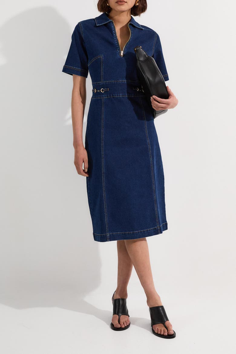 Trim Collared Denim Midi Dress, Alternate, color, Mid Wash