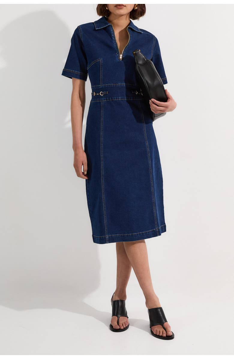 Karen Millen Trim Collared Denim Midi Dress, Alternate, color, Mid Wash