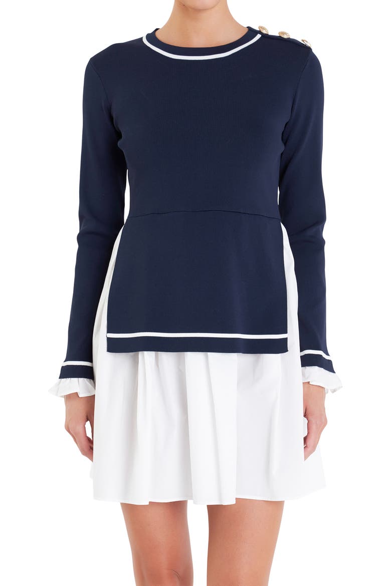 Mixed Media Long Sleeve Minidress, Alternate, color, NAVY