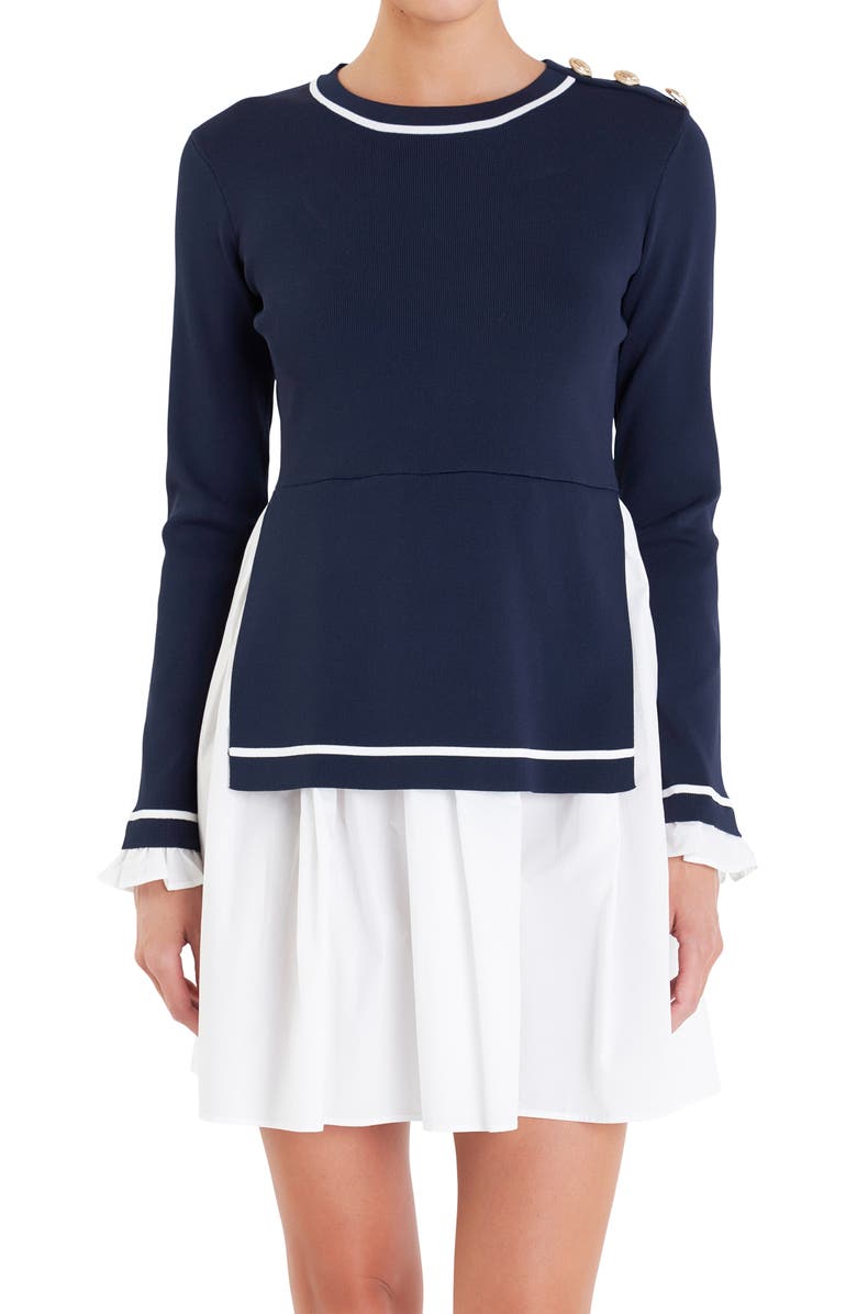 English Factory Mixed Media Long Sleeve Minidress, Alternate, color, Navy