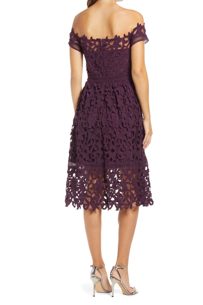 Lizana Off the Shoulder Lace Fit & Flare Dress, Alternate, color, BERRY