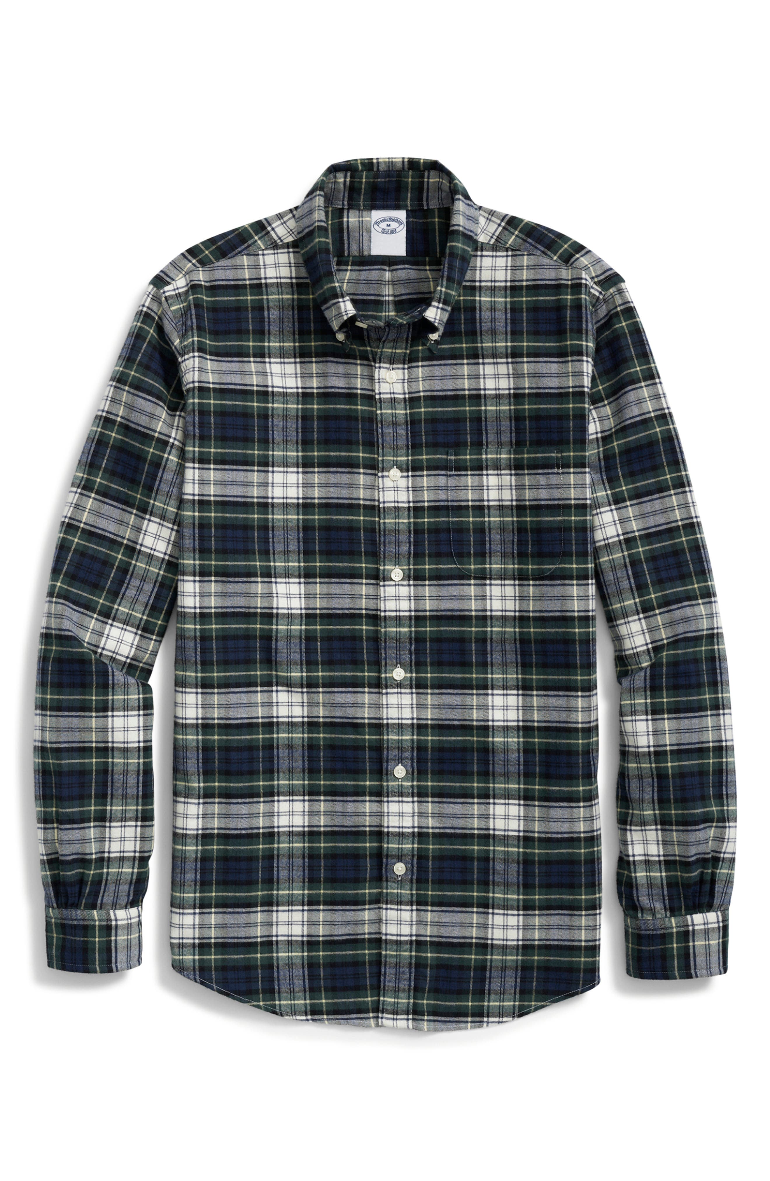 Brooks Brothers Plaid Flannel Button-Down Shirt in White Green Tartan 