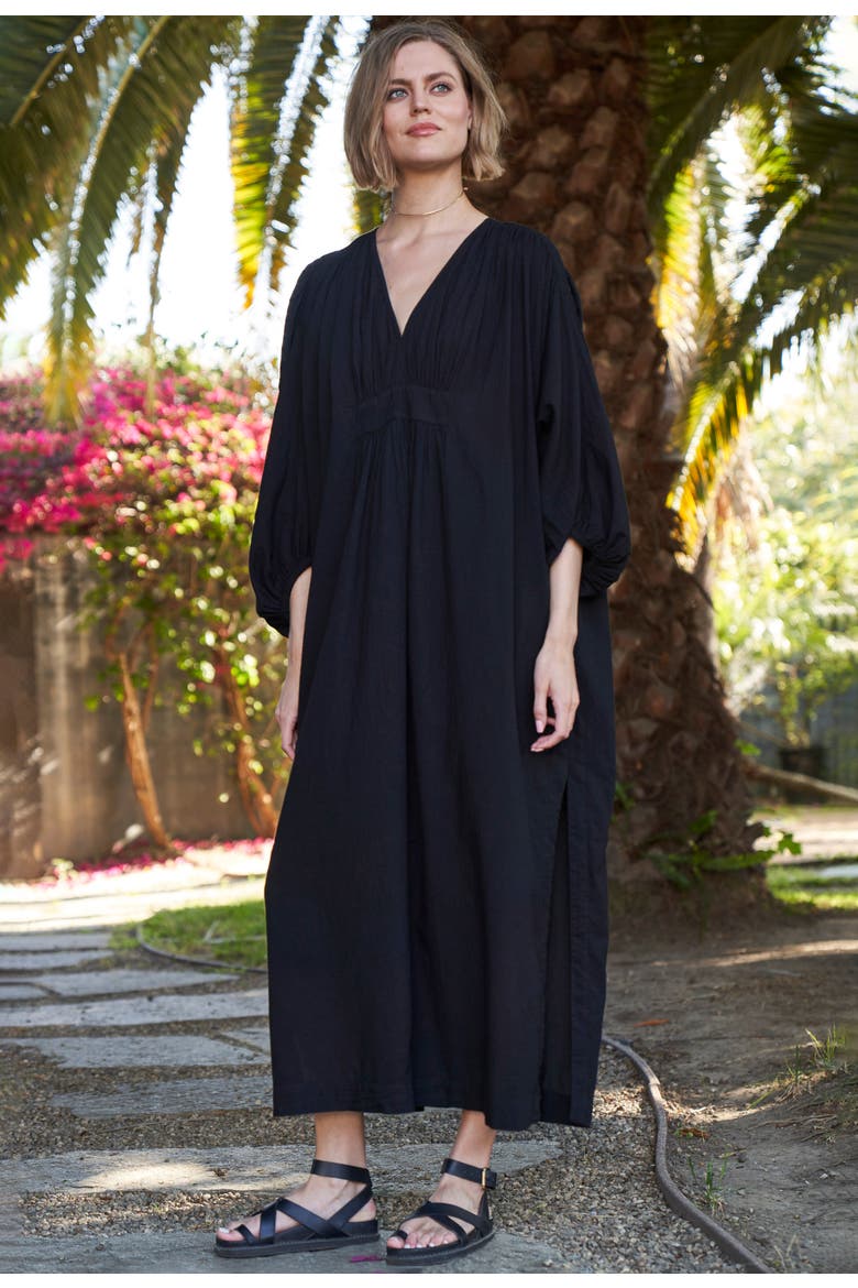 Rouched Shoulder Maxi Cotton Caftan, Alternate, color, Black