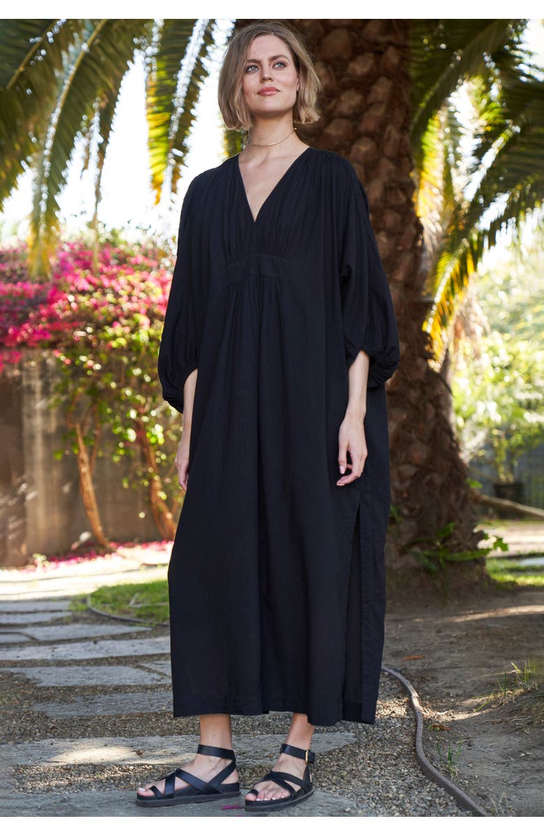 ocean+main Rouched Shoulder Maxi Cotton Caftan, Alternate, color, Black
