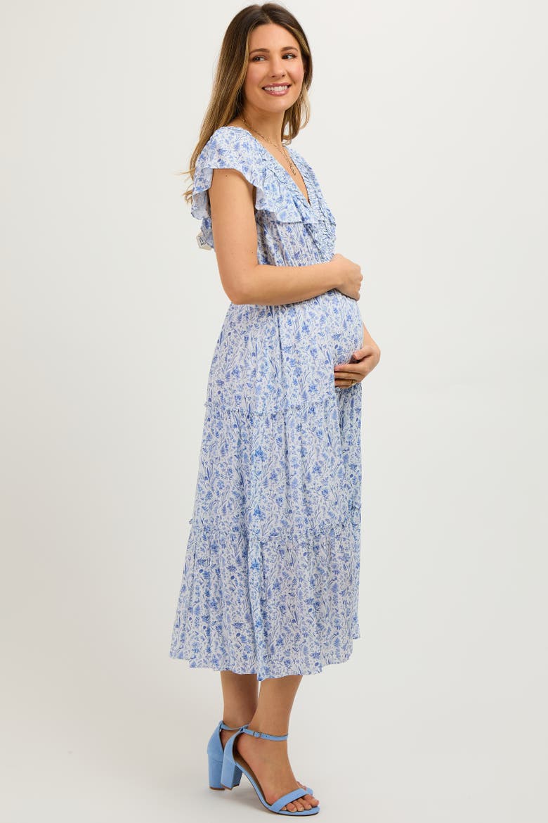 Floral Front Ruched Ruffle Shoulder Tiered Midi Dress, Alternate, color, Blue