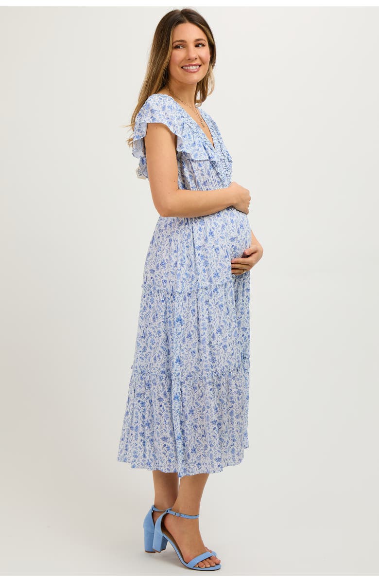 PinkBlush Floral Front Ruched Ruffle Shoulder Tiered Midi Dress, Alternate, color, Blue