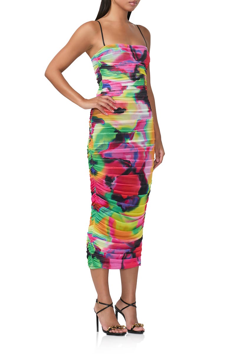 AFRM Hazel Print Ruched Mesh Midi Dress, Alternate, color, Spray Floral
