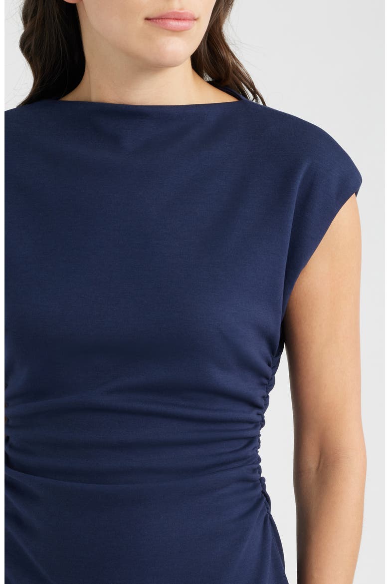 Cap Sleeve Ruched Scuba Crepe Midi Dress, Alternate, color, NAVY