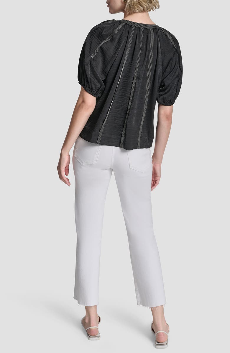 DKNY Puff Sleeve Contrast Stitch Tie Front Top, Alternate, color, Black
