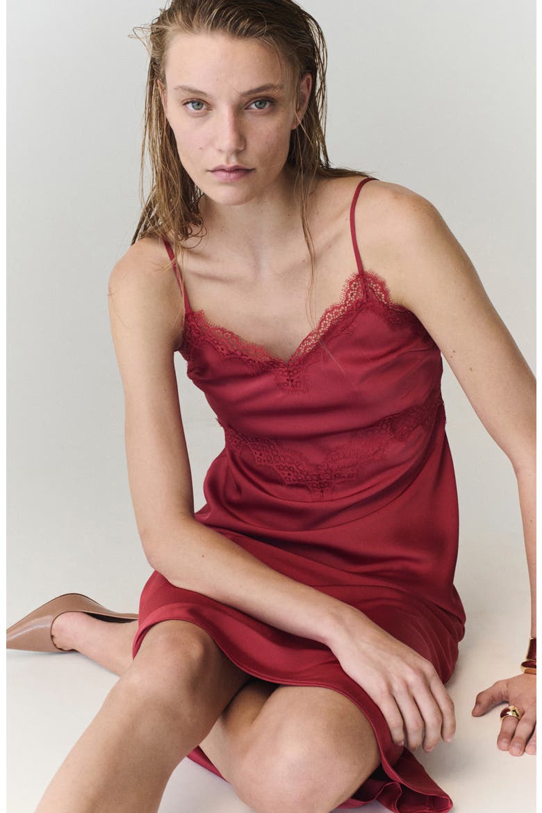 Lace Trim Satin Slipdress, Alternate, color, RED