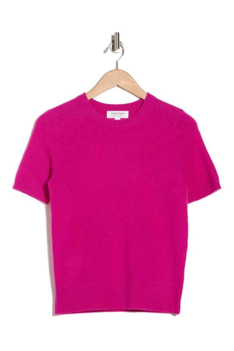 Short Sleeve Cashmere Sweater, Alternate, color, PINK WILD ASTER