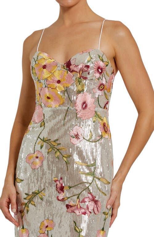 Mac Duggal Sleeveless Bustier Floral Applique Gown In Silver Multi